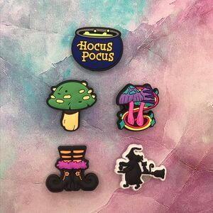 Shoe Charm Set Hocus Pocus Cauldron Green & Colorful Mushrooms Witch Shoes Broom